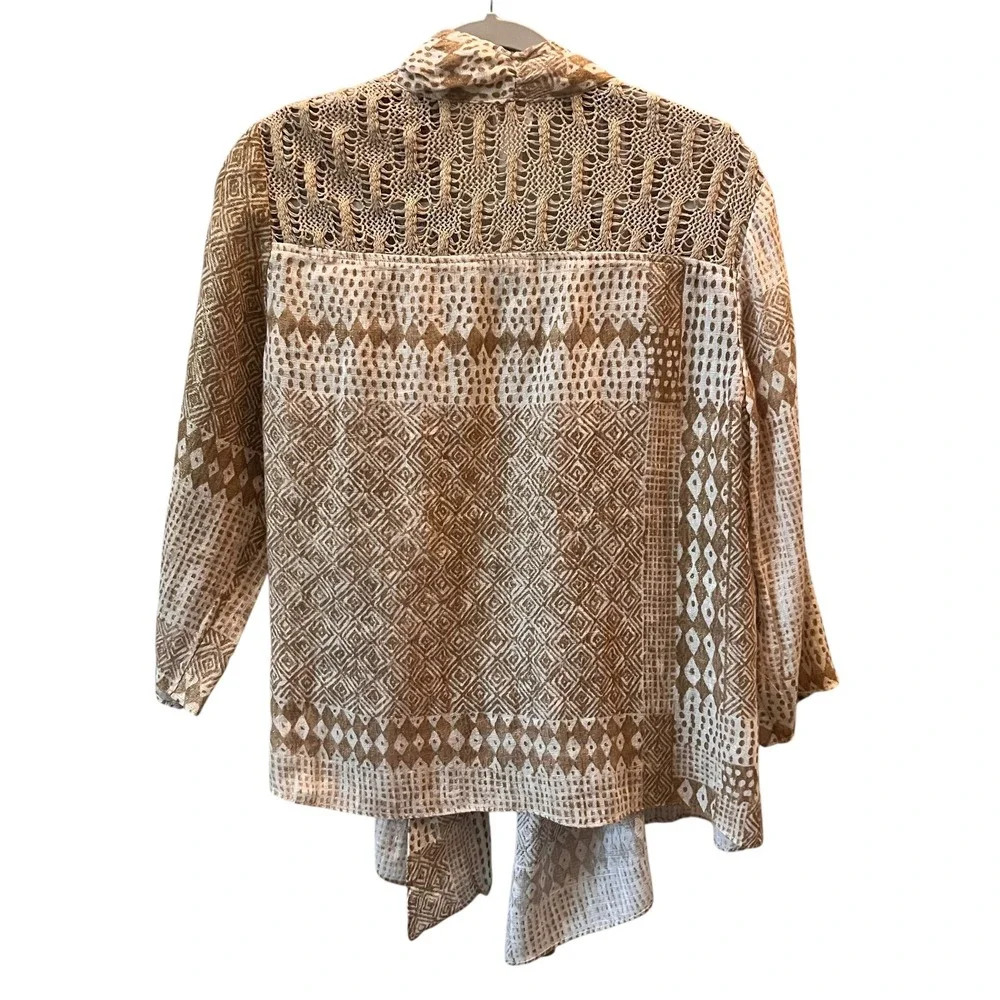 Chicos Linen Open Front Cardigan Tan Size 2 (L/XL) Kimono Boho Lagenlook Relaxed